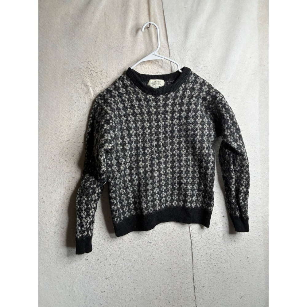 Heather Tweed Wool Blend Birdseye Crewneck Sweater XL Black Gray Geometric Knit